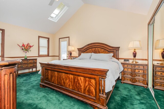2921 Autumn Dr, Woodridge, IL 60517 - bedroom featuring dark colored carpet, a skylight, ceiling fan, and high vaulted ceiling
