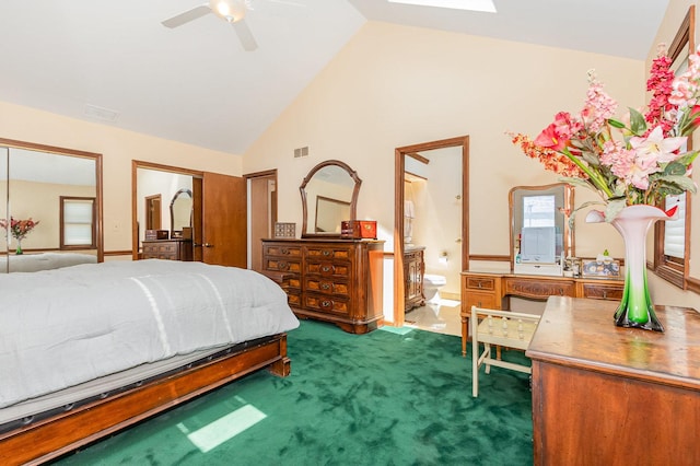 2921 Autumn Dr, Woodridge, IL 60517 - bedroom with carpet floors, high vaulted ceiling, connected bathroom, ceiling fan, and multiple closets