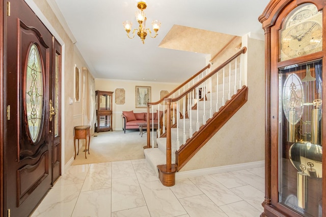 2921 Autumn Dr, Woodridge, IL 60517 - entrance foyer featuring stairway, a chandelier, and marble look tile flooring
