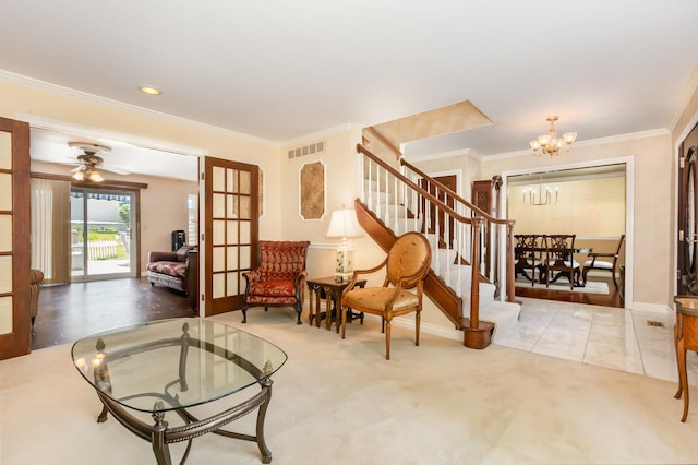 2921 Autumn Dr, Woodridge, IL 60517 - sitting room featuring a chandelier, stairway, ornamental molding, and carpet flooring