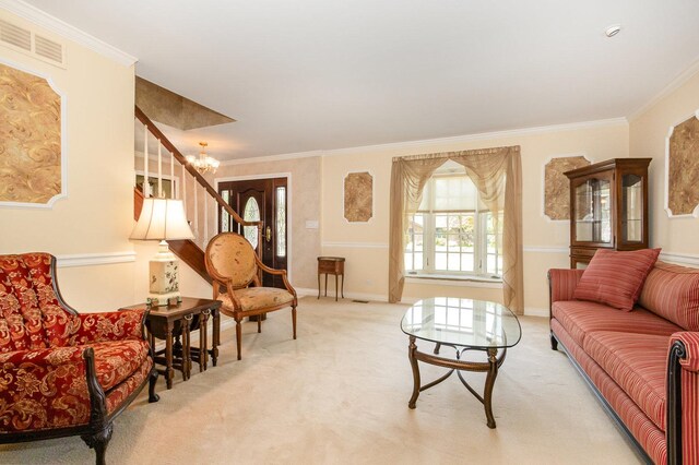 2921 Autumn Dr, Woodridge, IL 60517 - carpeted living area with stairway, crown molding, and a chandelier
