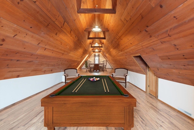 rec room featuring billiards, vaulted ceiling, wooden walls, wood ceiling, and light wood-type flooring