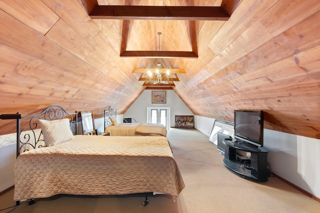 carpeted bedroom with lofted ceiling with beams and wooden ceiling