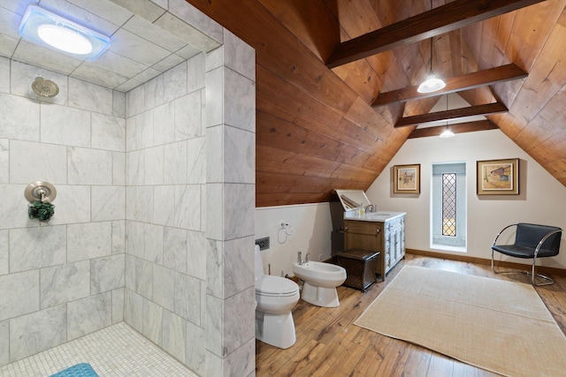 bathroom featuring hardwood / wood-style floors, a bidet, lofted ceiling, toilet, and wood ceiling