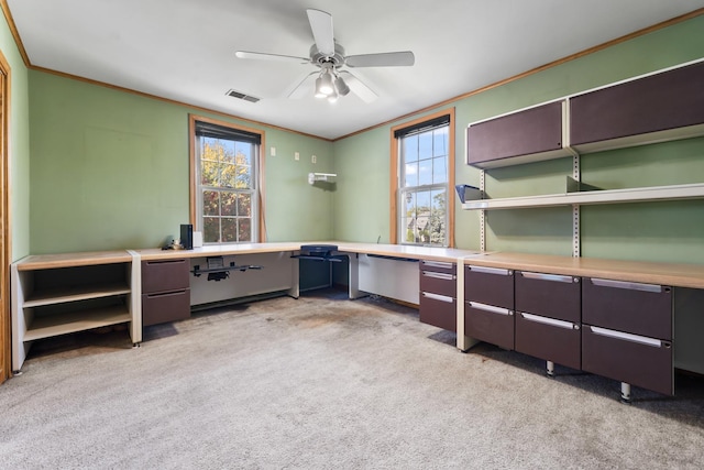 unfurnished office with ceiling fan, a healthy amount of sunlight, crown molding, and light carpet