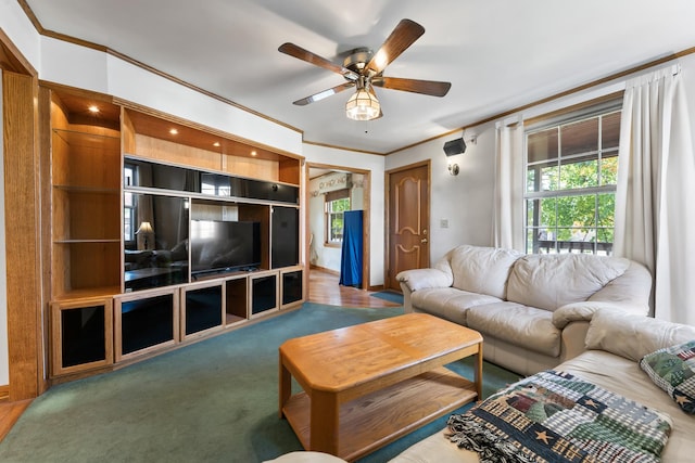 living room featuring carpet flooring, ceiling fan, and crown molding