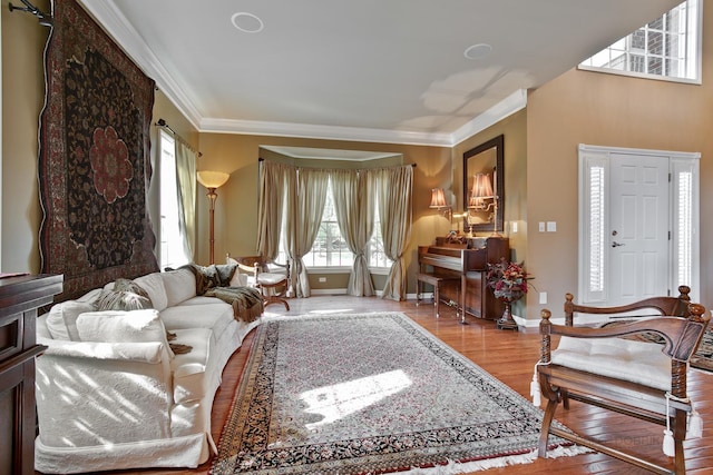 living room with hardwood / wood-style flooring and crown molding