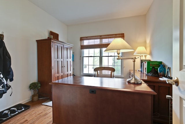 home office with light hardwood / wood-style floors