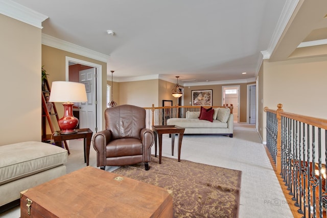 carpeted living room with ornamental molding