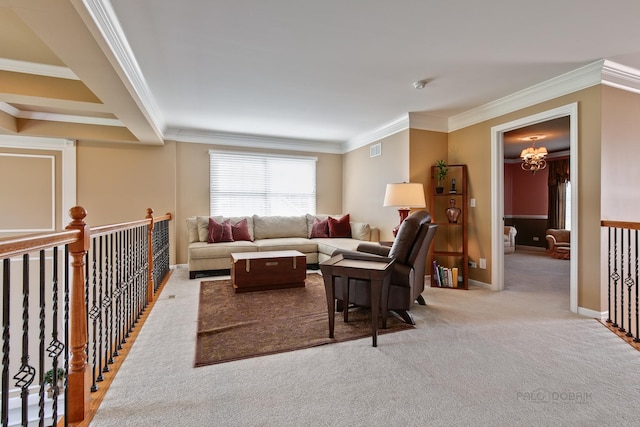 living room with crown molding, light carpet, and a chandelier