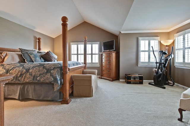 carpeted bedroom with multiple windows, crown molding, and lofted ceiling