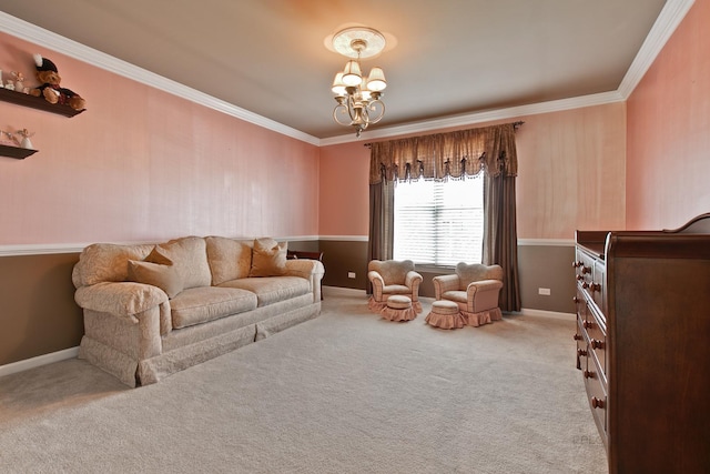 living room with a notable chandelier, light colored carpet, and ornamental molding