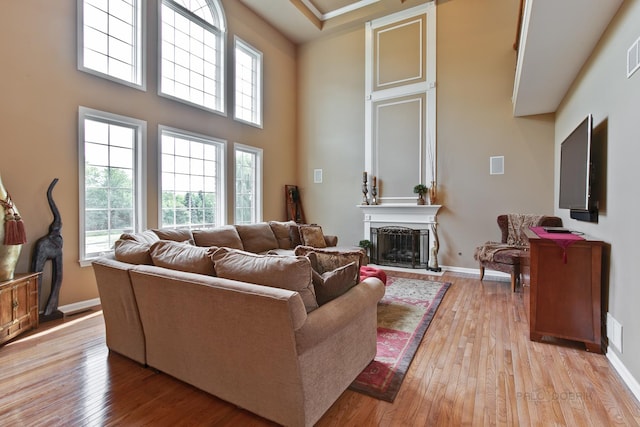 living room with a towering ceiling and light hardwood / wood-style floors