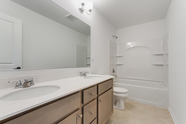 full bathroom featuring tile patterned flooring, vanity,  shower combination, and toilet