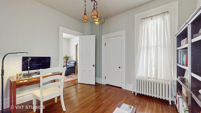 office space featuring radiator heating unit and dark wood-type flooring