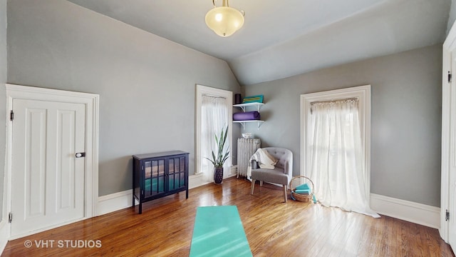 sitting room with vaulted ceiling, a healthy amount of sunlight, hardwood / wood-style floors, and radiator