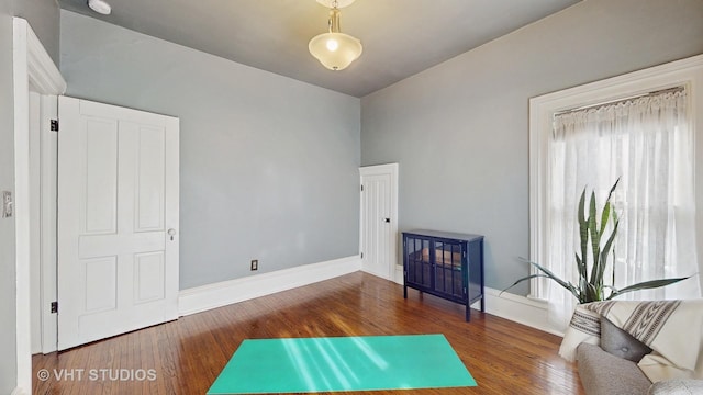 exercise room with dark hardwood / wood-style flooring