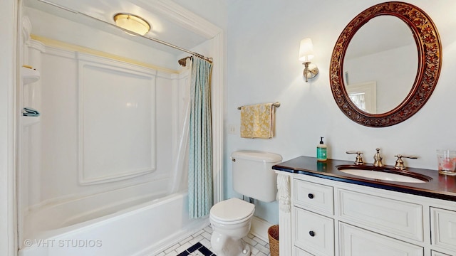 full bathroom with toilet, vanity, shower / tub combo, and tile patterned flooring