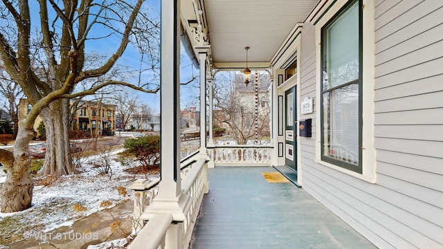 view of snow covered patio