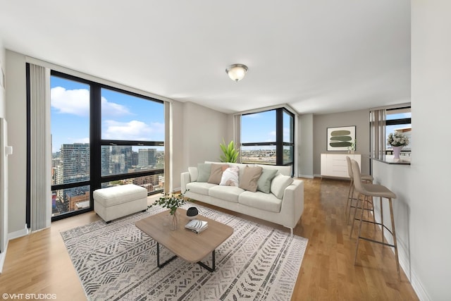 living room with light hardwood / wood-style floors and floor to ceiling windows