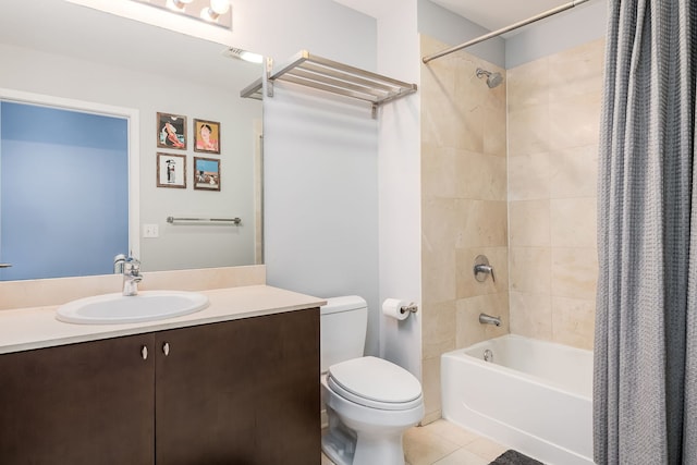 bathroom featuring vanity, shower / tub combo, tile patterned flooring, and toilet