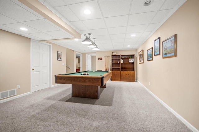 game room with carpet flooring and billiards