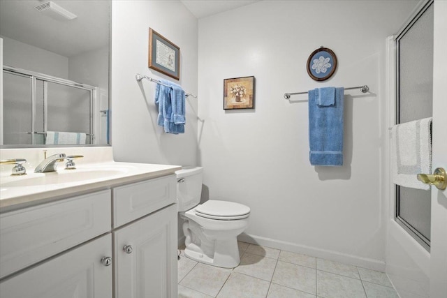 full bathroom with toilet, combined bath / shower with glass door, tile patterned flooring, and vanity