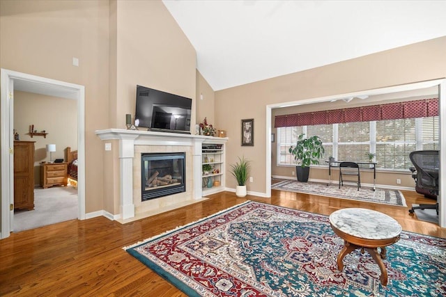 living room with a fireplace, hardwood / wood-style floors, and high vaulted ceiling