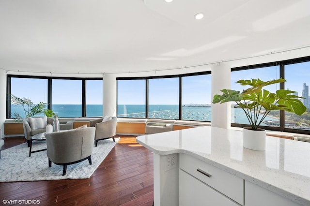 kitchen featuring white cabinets, a water view, light stone counters, and dark wood-type flooring