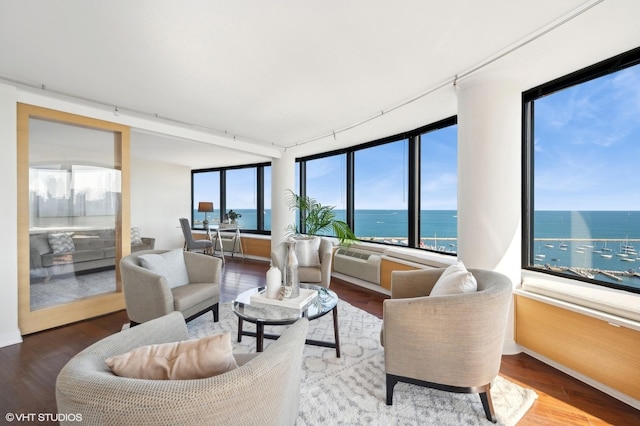 living room with a water view and wood-type flooring