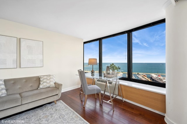 living room with hardwood / wood-style floors and a water view