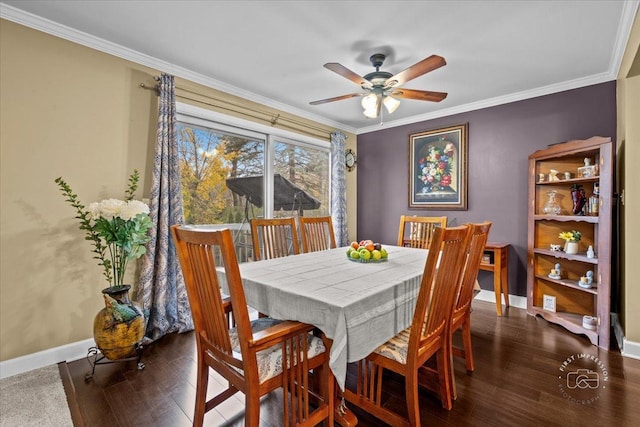 dining area with crown molding, ceiling fan, and dark hardwood / wood-style floors