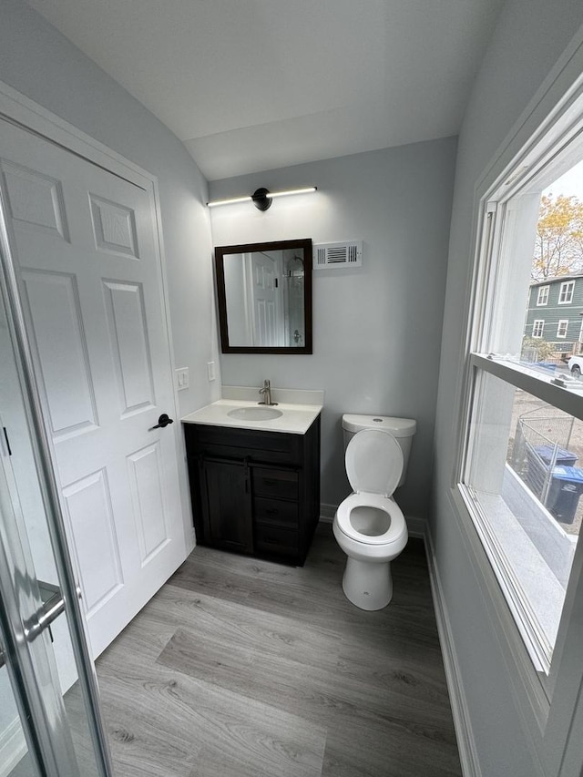 bathroom with vanity, toilet, and wood-type flooring