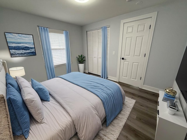 bedroom with dark hardwood / wood-style flooring and two closets