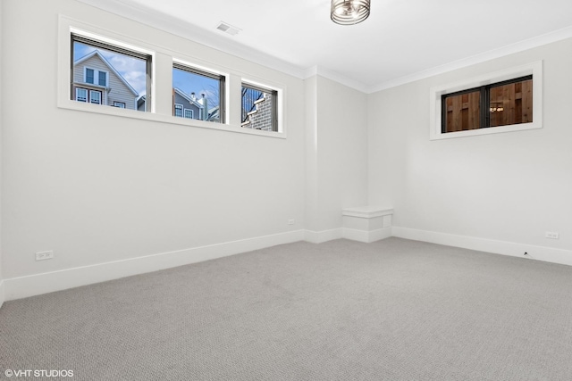 empty room featuring ornamental molding and carpet flooring