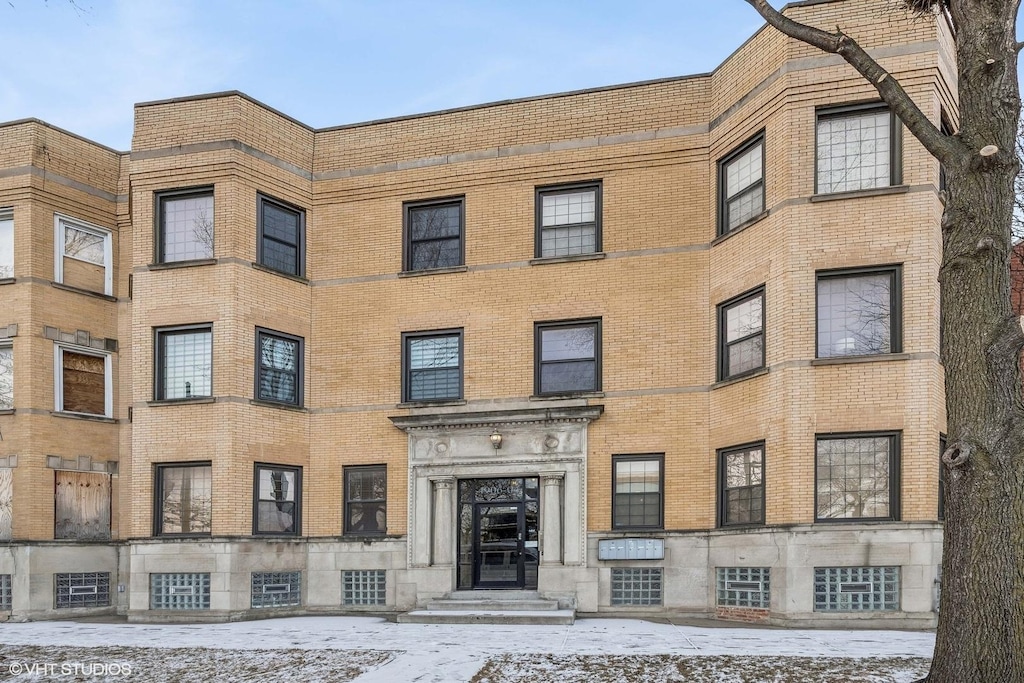 view of snow covered building