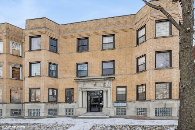 view of snow covered building