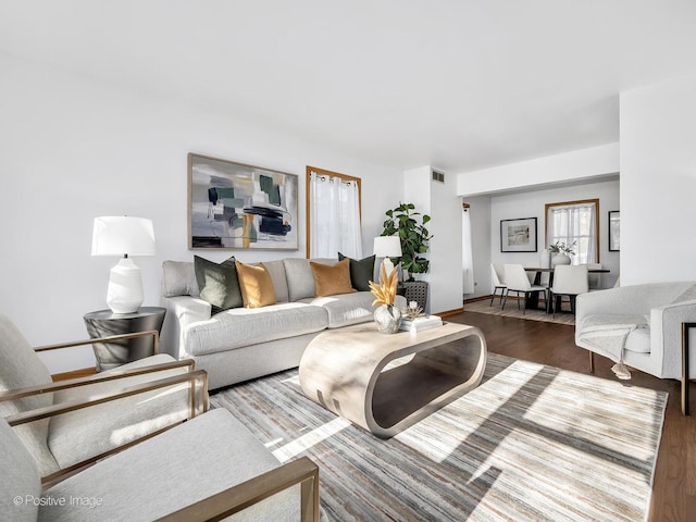 living room featuring dark hardwood / wood-style floors