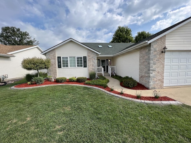 single story home featuring a garage, brick siding, and a front yard