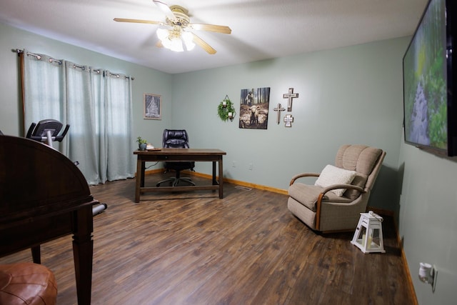 home office featuring ceiling fan and dark wood-type flooring