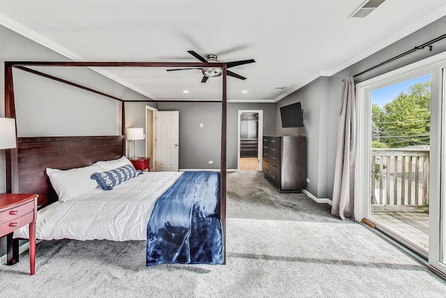 bedroom featuring access to exterior, ceiling fan, crown molding, and light carpet