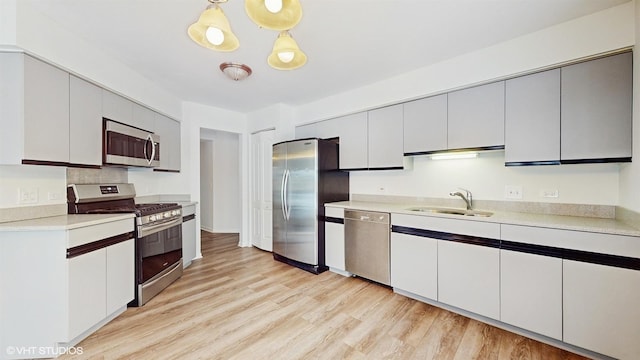 kitchen featuring white cabinetry, sink, pendant lighting, appliances with stainless steel finishes, and light wood-type flooring