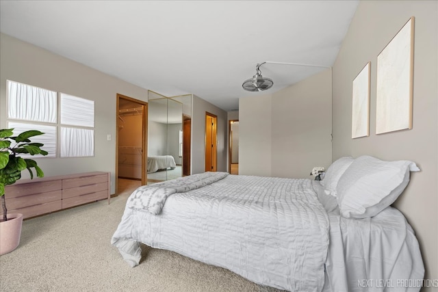 bedroom featuring a walk in closet, a closet, and carpet floors