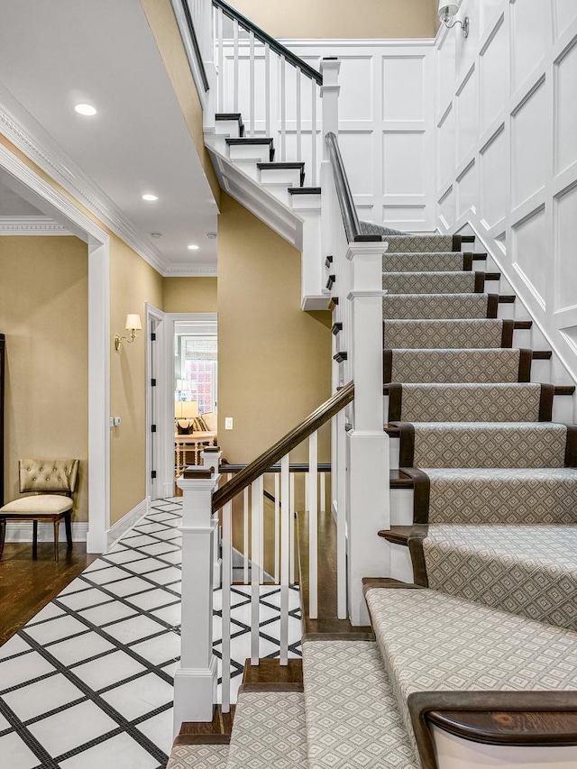 stairs with crown molding