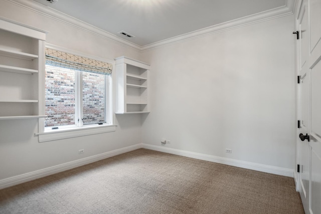 unfurnished room featuring carpet flooring and crown molding