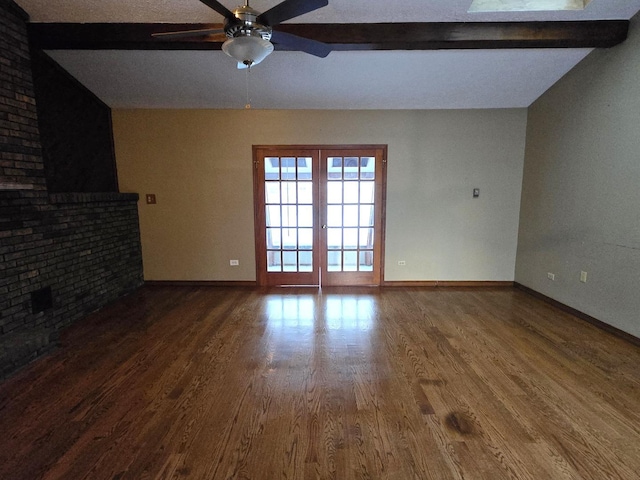 unfurnished living room featuring ceiling fan, lofted ceiling with beams, wood-type flooring, and french doors