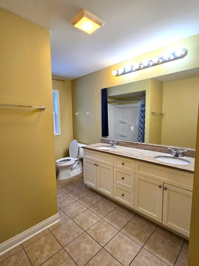 bathroom featuring tile patterned floors, walk in shower, vanity, and toilet