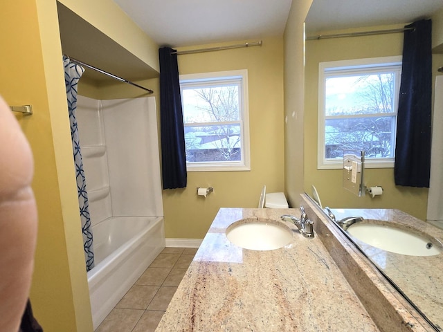 full bathroom with shower / bathtub combination with curtain, tile patterned flooring, vanity, and toilet