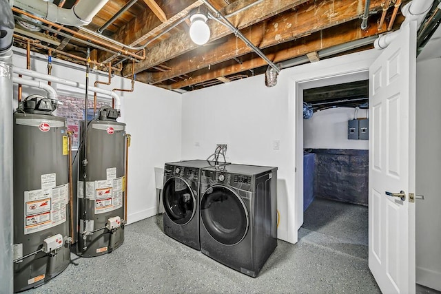 laundry area with laundry area, water heater, and washer and dryer