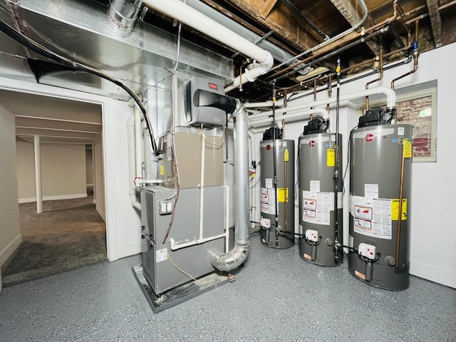 utility room featuring heating unit and water heater